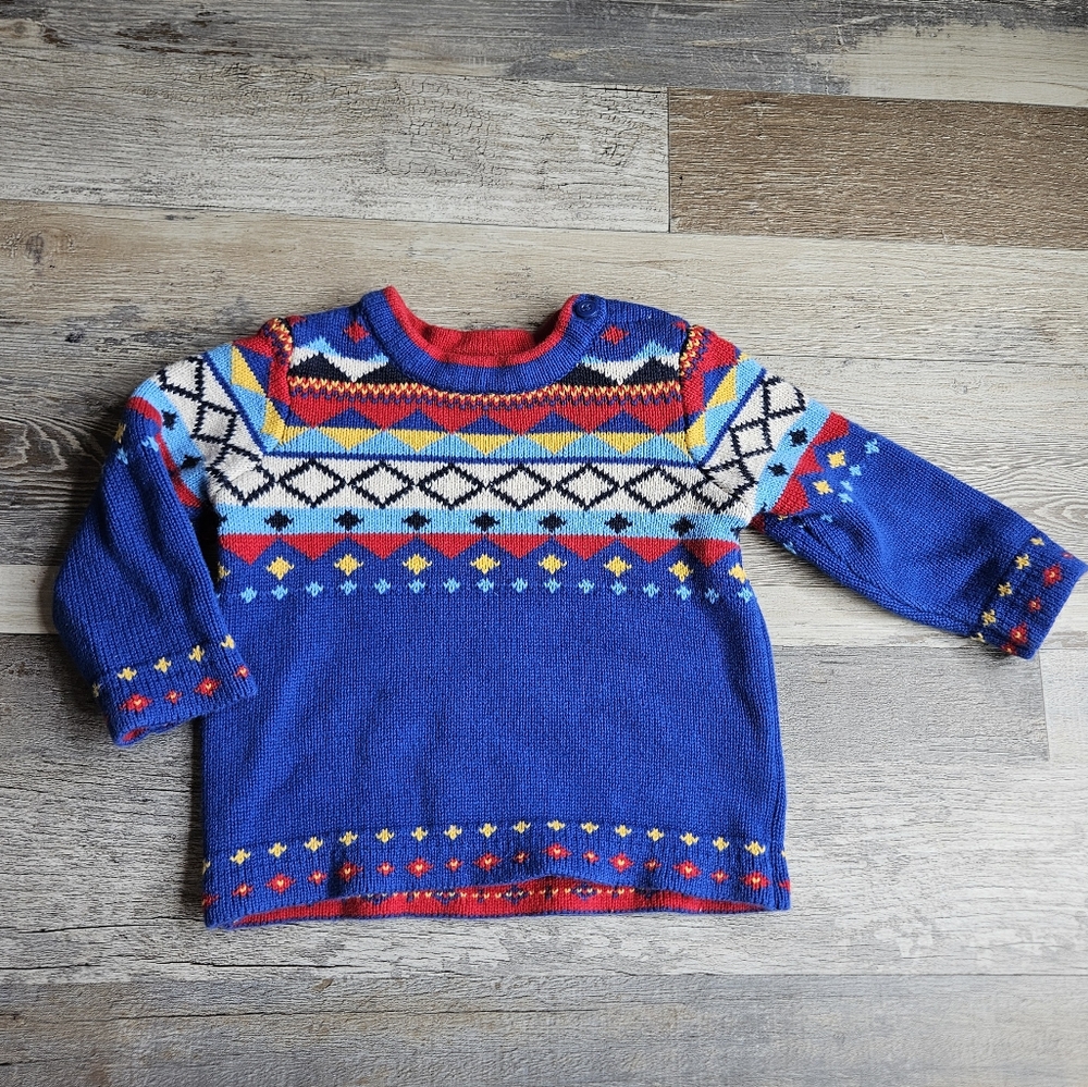 Hanna Andersson Sweater Blue Red Geometeic Shapes 70cm  6-12 Months